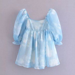 YENKYE Blue Cloud Organza Puff Sleeve Mini Dress